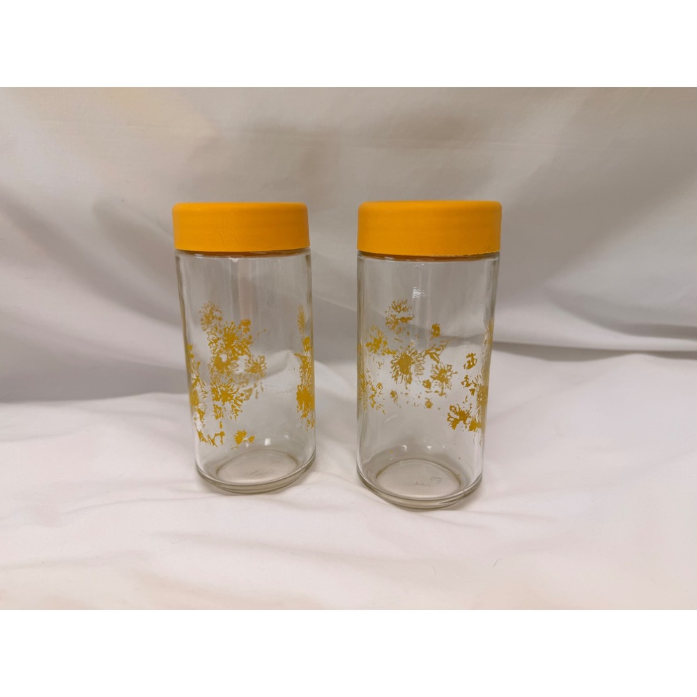 Vintage Yellow Floral Glass Salt and Pepper Shakers Set Mid Century Daisy Retro